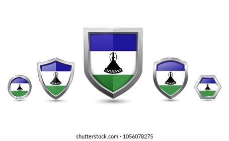 Lesotho flag badges - silver shape shield circle hexagon - vector illustration