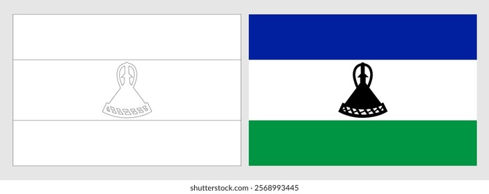 Lesotho flag - coloring page. Set of white wireframe thin black outline flag and original colored flag.
