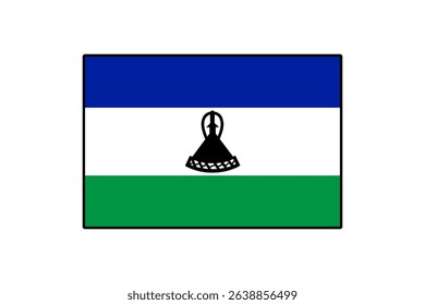 The Lesotho flag features three horizontal stripes of blue, white, and green, with a black Basotho hat in the center symbolizing the country's culture and heritage.