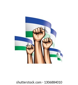 Lesotho flag and hand on white background. Vector illustration