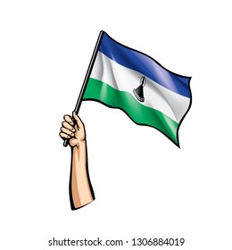 Lesotho flag and hand on white background. Vector illustration