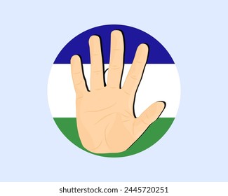 Lesotho-Fahne mit Handstopp-Schild, Protest- und Menschenrechtsidee, Vektorgrafik-Design, Protest in Lesotho, Einschränkung oder verbotenes Emblem, Verletzung der Meinungsfreiheit, Stopp War