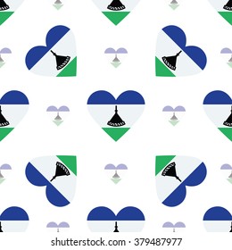 Lesotho flag heart seamless pattern. Patriotic Lesotho flag background. Country flag in the shape of heart. Vector seamless pattern.