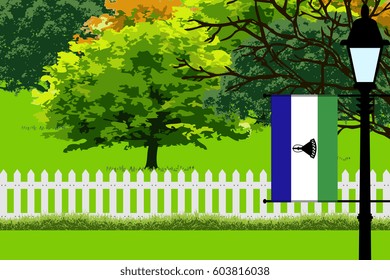 Lesotho Flag, Landscape of Park, Trees, Fence wooden and Street light Vector Illustration 