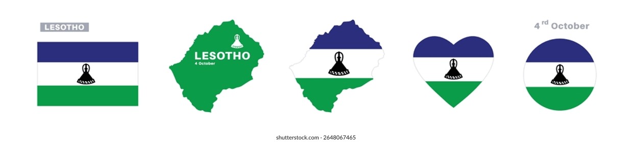 bandeira e conjunto de mapas do lesoto. bandeira do lesoto em cores e proporções oficiais. dia da independência 4 de outubro , mapa, círculo e coração em forma de lesoto	