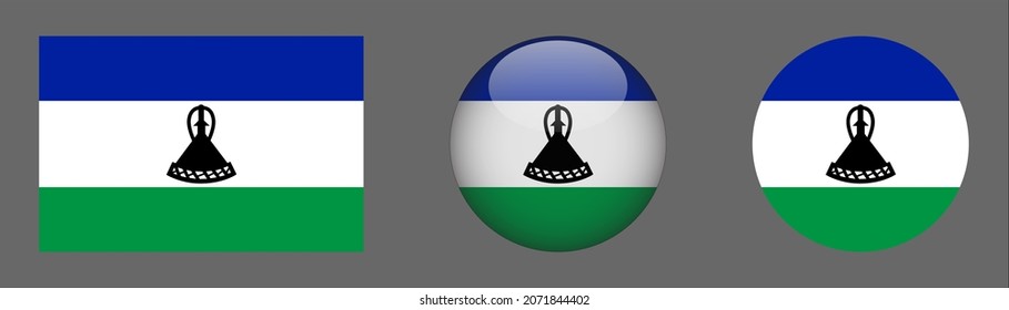 Lesotho flag set collection, button rounded, flat rounded.
