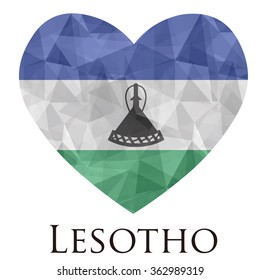 Lesotho flag shape heart in geometric rumpled triangular low poly origami style graphic illustration,mosaic polygonal style.Symbol of love to country.Retro or vintage style background.