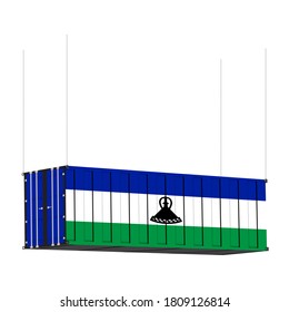 Lesotho flag symbol on cargo containers hang by chain, the concept import and export transport business of country.