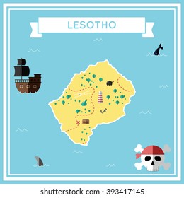 Lesotho flat treasure map. Colorful cartoon treasure map of Lesotho with flat icons of pirate ship, jolly roger, treasure chest and banner ribbon. Flat design vector illustration.