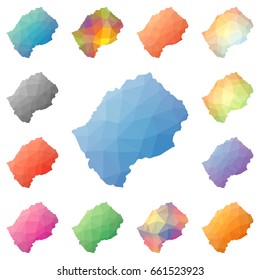 Lesotho geometric polygonal, mosaic style maps collection. Bright abstract tessellation, low poly style, modern design. Lesotho polygonal maps for your infographics or presentation.