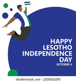 Lesotho independence day vector illustration with a man jumping and holding the national flag. African country public holiday celebrated annually on October 4.