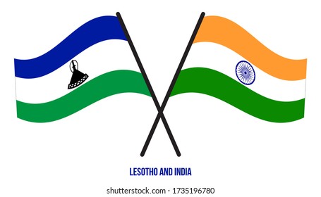 Lesotho and India Flags Crossed And Waving Flat Style. Official Proportion. Correct Colors.