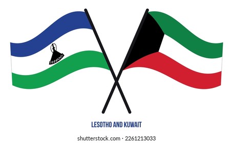 Banderas de Lesoto y Kuwait Cruzadas y ondeando estilo plano. Proporción oficial. Colores correctos.