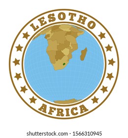 Lesotho logo. Round badge of country with map of Lesotho in world context. Country sticker stamp with globe map and round text. Vector illustration.