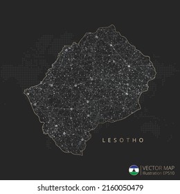 Lesotho map abstract geometric mesh polygonal light concept with black and white glowing contour lines countries and dots on dark background. Vector illustration.