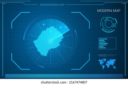 Lesotho map of blue digital frame technology radar vector HUD, GUI, UI interface.