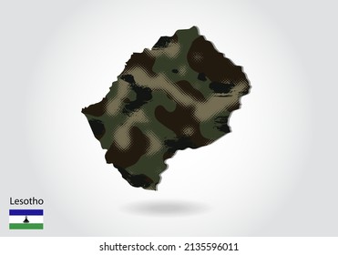 Lesotho map with camouflage pattern, Forest - green texture in map. Military concept for army, soldier and war. coat of arms, flag.