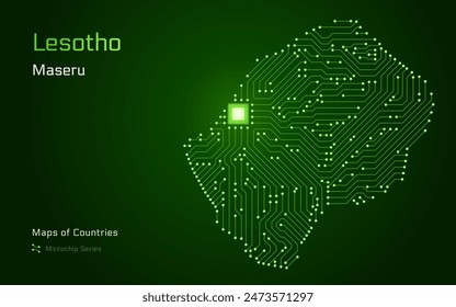 Lesotho Map with a capital of Maseru Shown in a Microchip Pattern with processor. E-government. World Countries vector maps. Microchip Series	