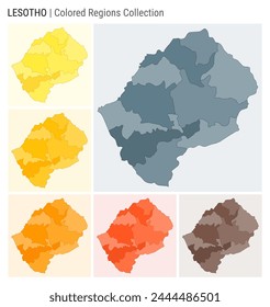 Lesotho map collection. Country shape with colored regions. Blue Grey, Yellow, Amber, Orange, Deep Orange, Brown color palettes. Border of Lesotho with provinces for your infographic.