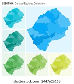 Lesotho map collection. Country shape with colored regions. Light Blue, Cyan, Teal, Green, Light Green, Lime color palettes. Border of Lesotho with provinces for your infographic. Vector illustration.