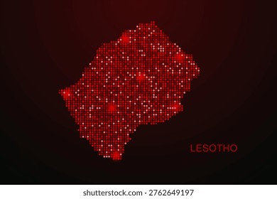 Lesotho Map - Digital dotted map with glowing red points on dark background, modern technology style, abstract data network design, clean minimal vector illustration.