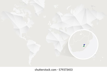 Lesotho map with flag in contour on white polygonal World Map. Vector Illustration.