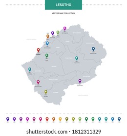 Lesotho map with location pointer marks. Infographic vector template, isolated on white background. 