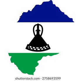 Lesotho Map with National Flag Design and Accurate Geographic Contours. Professional vector silhouette featuring the horizontal blue, white, and green fields with the black Basotho hat (Mokorotlo) emblem. Ideal for Southern African news infographics, mountain kingdom reports, and geography education. Clean 2D minimalist graphic
