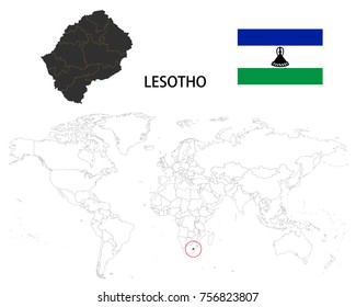 Lesotho map on a world map with flag on white background.