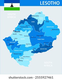 Lesotho Map Vector Blue Spot - Customizable layered political map of Lesotho with administrative divisions for website, education, reports, news, politics, print, poster and wallpaper