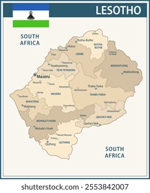Lesotho Map Vector Vintage Dark Blue Beige - Customizable layered political map of Lesotho with administrative divisions for website, education, reports, news, politics, print, poster and wallpaper