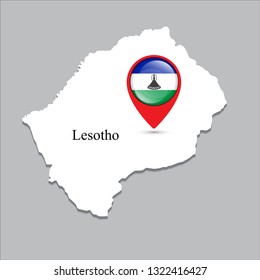 Lesotho map with white shadow and country name on the map. Check-in point with a national flag on a gray background.