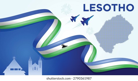 Lesotho National Day Background with Waving Flag Ribbon, Map and Skyline Vector Illustration