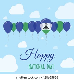 Lesotho National Day Flat Patriotic Poster. Row of Balloons in Colors of the Mosotho flag. Happy National Day Lesotho Card with Flags, Balloons, Clouds and Sky.