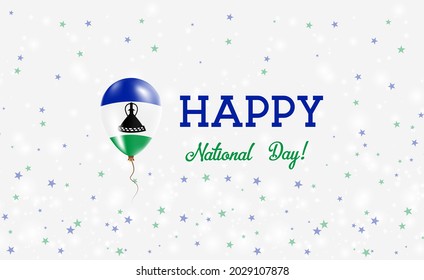 Lesotho National Day patriotic poster. Flying Rubber Balloon in Colors of the Mosotho Flag. Lesotho National Day background with Balloon, Confetti, Stars, Bokeh and Sparkles.