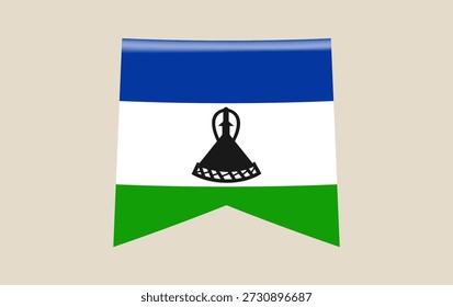 Lesotho national flag with Basotho hat emblem designed as a hanging glossy pennant banner for patriotic celebration..