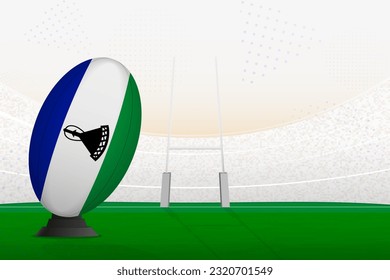 Lesotho national team rugby ball on rugby stadium and goal posts, preparing for a penalty or free kick. Vector illustration.