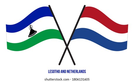 Banderas de Lesoto y Holanda Cruzadas y ondeando estilo plano. Proporción oficial. Colores correctos.