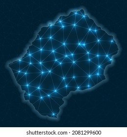 Mapa de la red de Lesoto. Mapa geométrico abstracto del país. Conexiones digitales y diseño de telecomunicaciones. Red de Internet brillante. Ilustración vectorial genial.