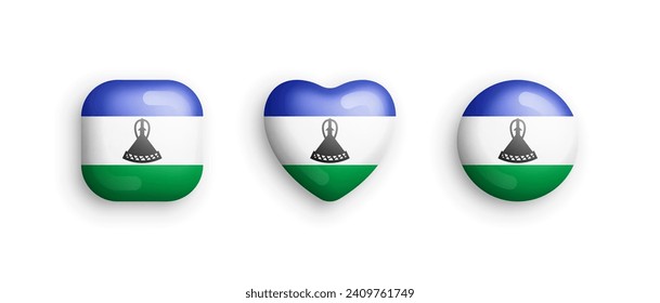 Lesotho Official National Flag 3D Vector Glossy Icons In Rounded Square, Heart And Circle Form Isolated On White Back. Lesotho Sign And Symbols Graphic Design Elements Volumetric Buttons Collection