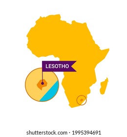 Lesoto en un mapa de África con la palabra Lesoto en un marcador con forma de bandera. Vector aislado en blanco.