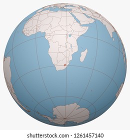 Lesotho on the globe. Earth hemisphere centered at the location of the Kingdom of Lesotho. Lesotho map.
