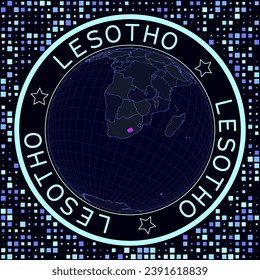 Lesotho on globe vector. Futuristic satellite view of the world centered to Lesotho. Geographical illustration with shape of country and squares background. Bright neon colors on dark background.