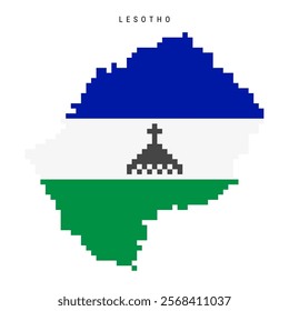 Lesotho pixel flag map icon. 8 bit pixel art Kingdom of Lesotho map covered with flag. Flat vector illustration isolated on white background.