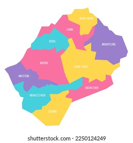 Mapa político de las divisiones administrativas de Lesotho - distritos. Mapa vectorial colorido con etiquetas.