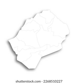 Lesotho political map of administrative divisions - districts. Flat white blank map with thin black outline and dropped shadow.
