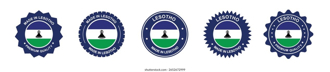 lesotho Produkt-Etiketten. Lesotho Flagge, Premium Made in Lesotho. Etiketten, Siegel, Stempel, Fahnen, Symbole