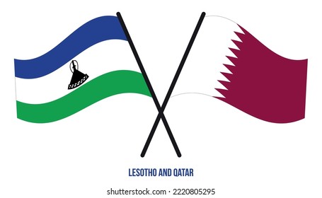 Lesotho und Katar Flaggen überquert und schwingen Flat Style. Offizieller Anteil. Korrigieren Sie Farben.