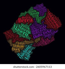 Lesotho Regions Word Clouds. Bright neon style design on a dark background. Region names of the country in the English language. Country shape with administrative division. Elegant vector illustration.