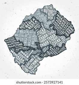 Lesotho regions word clouds. Country shape on textured background. Lesotho design in typographic style. Awesome vector illustration.